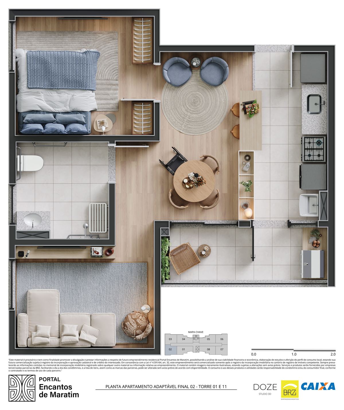 Planta apartamento 1 quarto Ubatuba Portal Encantos de Maratim