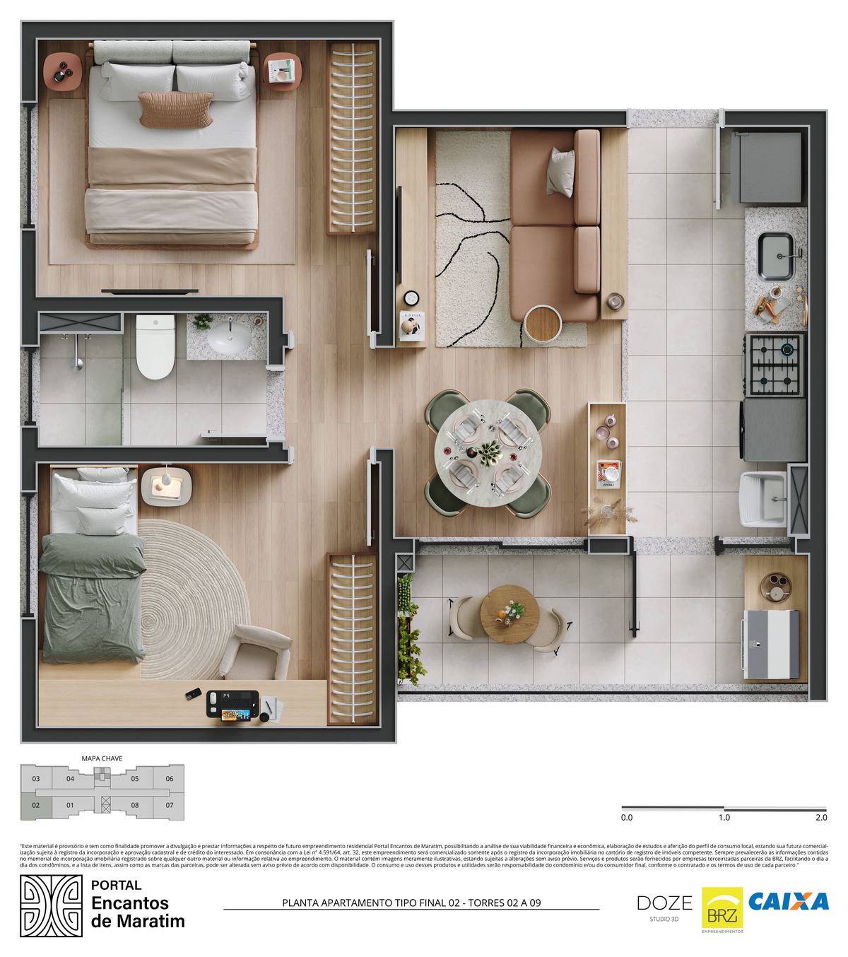 Planta apartamento 2 quartos canto Ubatuba Portal Encantos de Maratim