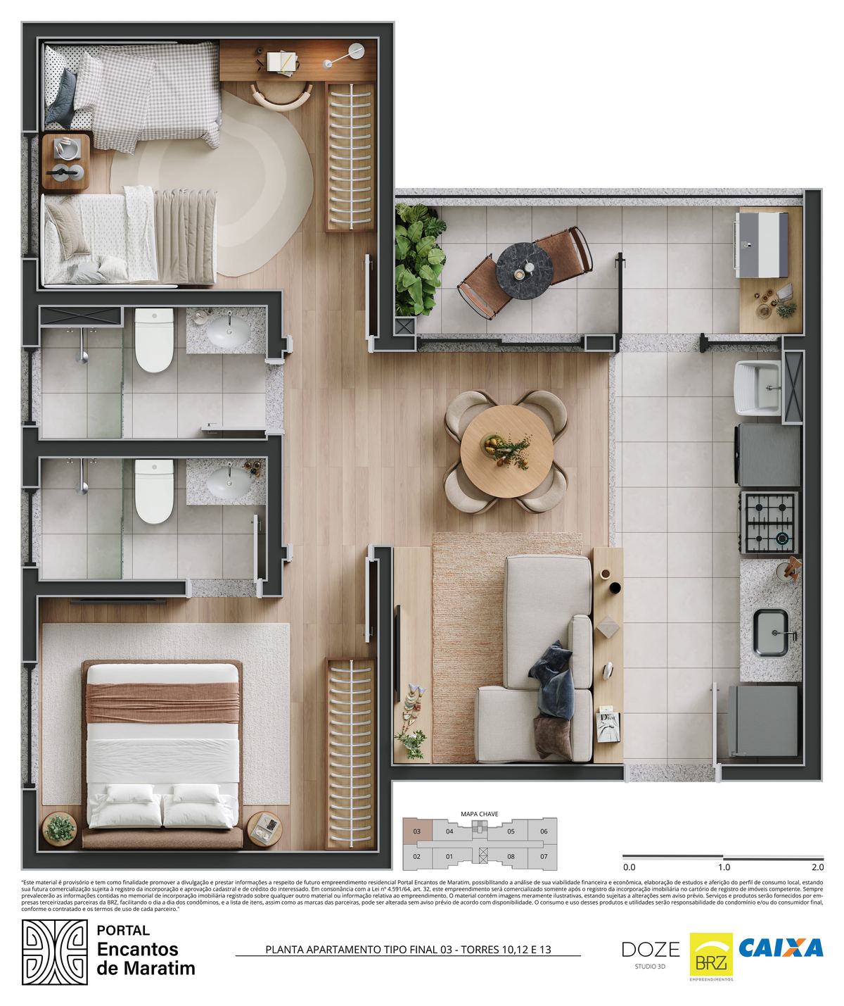 Planta apartamento 2 quartos suíte Ubatuba Portal Encantos de Maratim